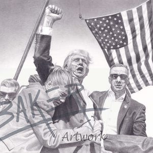 K&ouml;nnte beinhalten: Bleistiftzeichnung in Schwarz-Wei&szlig;, die eine Gruppe von Personen zeigt, darunter ein Mann mit erhobener Faust und eine amerikanische Flagge. Das Kunstwerk ist detailliert schattiert und hat einen realistischen Stil. Die Flagge weht im Wind.