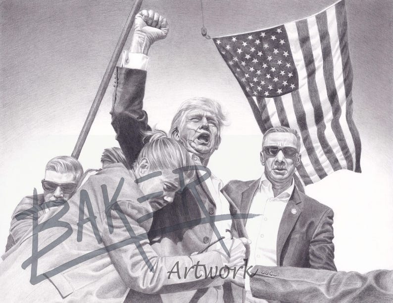 K&ouml;nnte beinhalten: Bleistiftzeichnung in Schwarz-Wei&szlig;, die eine Gruppe von Personen zeigt, darunter ein Mann mit erhobener Faust und eine amerikanische Flagge. Das Kunstwerk ist detailliert schattiert und hat einen realistischen Stil. Die Flagge weht im Wind.