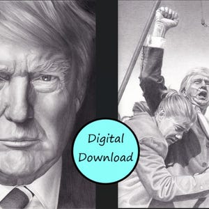 K&ouml;nnte beinhalten: Eine Schwarz-Wei&szlig;-Bleistiftzeichnung einer politischen Figur. Das Kunstwerk ist in zwei Tafeln aufgeteilt. Eine Tafel zeigt ein Nahportr&auml;t, w&auml;hrend die andere eine Szene mit Figuren und einer amerikanischen Flagge darstellt. Das Bild enth&auml;lt den Text "Digitaler Download".