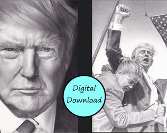 President Donald Trump Digital Download-Set of Two Drawings-Hyper Realistic-Printable Wall Art