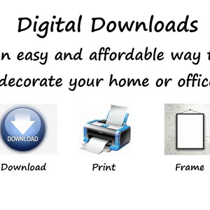 K&ouml;nnte beinhalten: Digital Downloads an easy and affordable way to decorate your home or office. Die Grafik zeigt einen blauen Download-Button, einen Drucker mit Papier und einen leeren Bilderrahmen an einer wei&szlig;en Backsteinwand mit den Beschriftungen Download, Print, Frame.