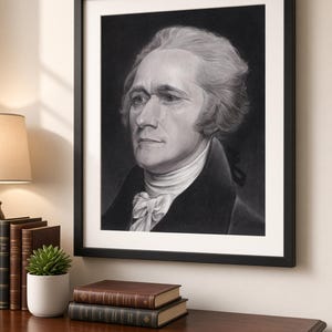 May include: A framed black and white charcoal-style portrait of Alexander Hamilton, featuring a man with period-appropriate hair, a high-collared coat, and a cravat, presented in a simple black frame with a white mat board border.