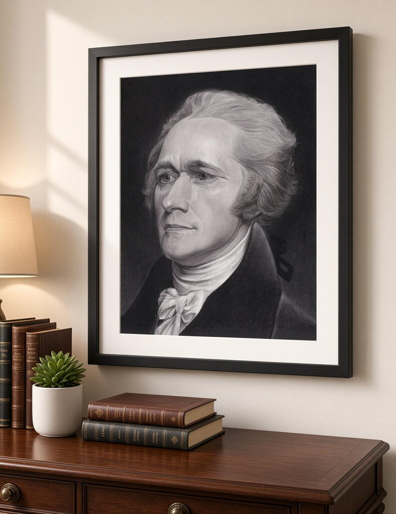 May include: A framed black and white charcoal-style portrait of Alexander Hamilton, featuring a man with period-appropriate hair, a high-collared coat, and a cravat, presented in a simple black frame with a white mat board border.