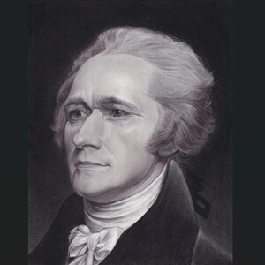 May include: A black and white charcoal portrait drawing of Alexander Hamilton. The subject has wavy hair, a high forehead, and a sharp nose. He wears a dark coat with a high-collared white shirt and a tied cravat at the neck against a dark background.
