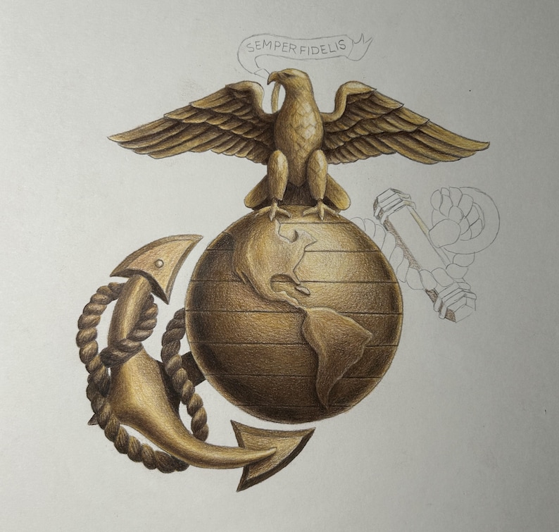 May include: A colored pencil drawing of the Eagle, Globe, and Anchor emblem. The eagle is perched atop a globe showing the Americas, with an anchor behind it. A banner above the eagle reads SEMPER FIDELIS. Part of the rope is uncolored.