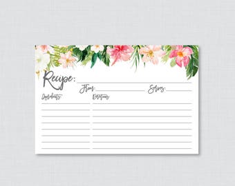 Tropical Bridal Shower Recipe Cards - Printable Recipe Card and Invitation Inserts, Hawaiian Luau Floral and Palm Leaf Recipe Cards 0032