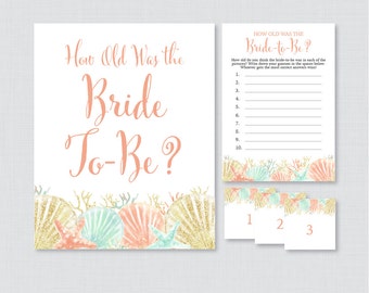 How Old Was the Bride To Be Game - Printable Beach Bridal Shower Game - Guess the Bride's Age, How Old Was She - Coral Aqua Nautical 0012-C