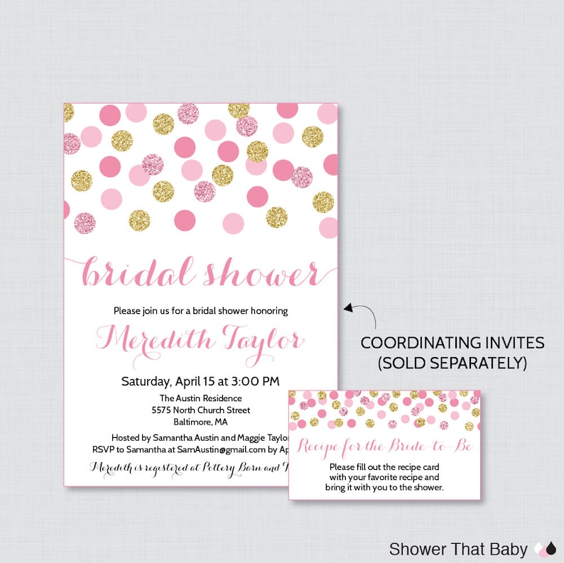 Gold Glitter Recipe Cards 0001-P Pink and Gold Recipe Cards Printable Pink and Gold Bridal Shower Recipe Card and Invitation Insert