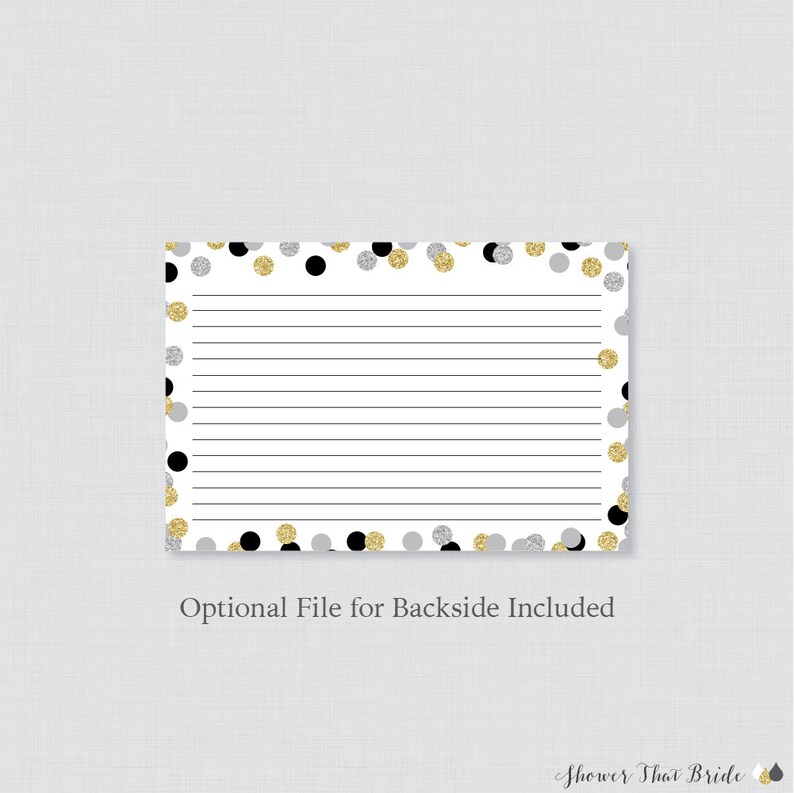 Printable Black Silver and Gold Bridal Shower Recipe Card and Invitation Insert Glitter Recipe Cards 0001-K Black and Gold Recipe Cards