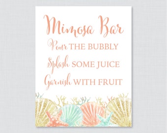 Mimosa Bar Sign - Beach Themed Bridal Shower Mimosa Bar Sign Printable - Coral, Aqua, and Gold Nautical Bridal Shower Sign - 0012-C