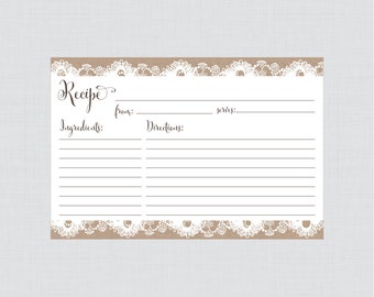 Burlap and Lace Bridal Shower Recipe Cards - Printable Rustic Bridal Shower Recipe Card and Invitation Insert - Burlap Lace Bridal 0003