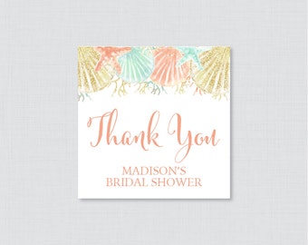 Nautical Bridal Shower Favor Tags Printable - Coral and Aqua Beach Themed Bridal Shower Favor Tags, Thank You Tags - Beach Favor Tag 0012-C