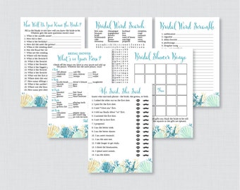 Beach Themed Bridal Shower Games Package with Six Games- Printable Blue Nautical Bridal Shower Games - He Said She Said, Bingo, etc 0012-B