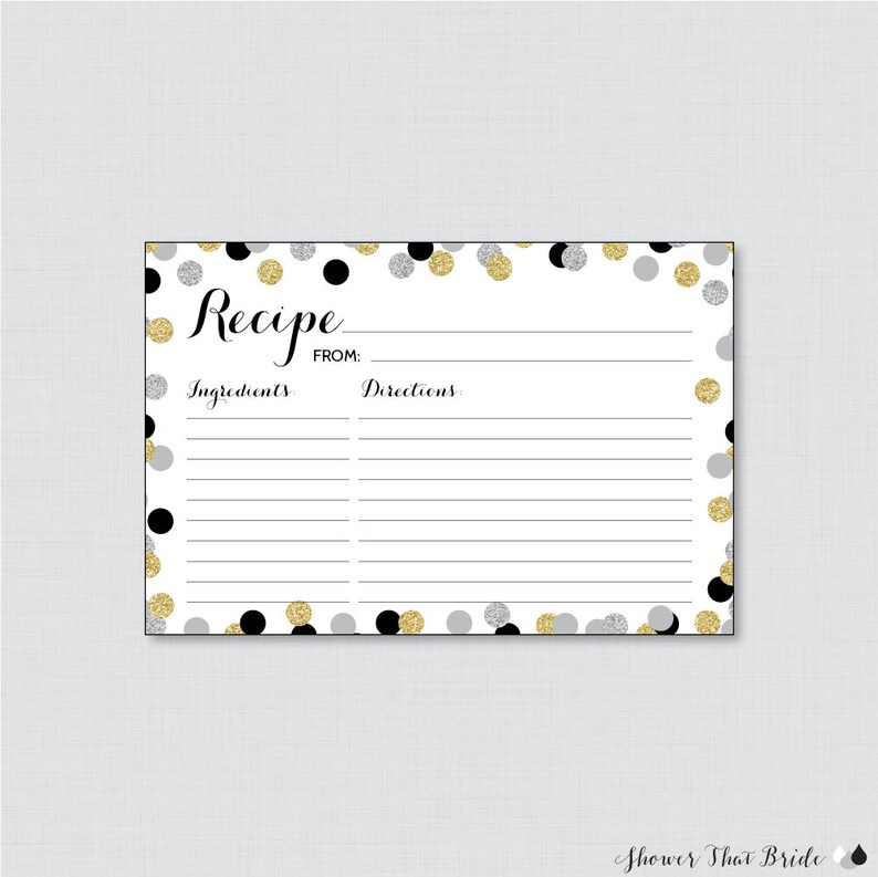 Printable Black Silver and Gold Bridal Shower Recipe Card and Invitation Insert Glitter Recipe Cards 0001-K Black and Gold Recipe Cards