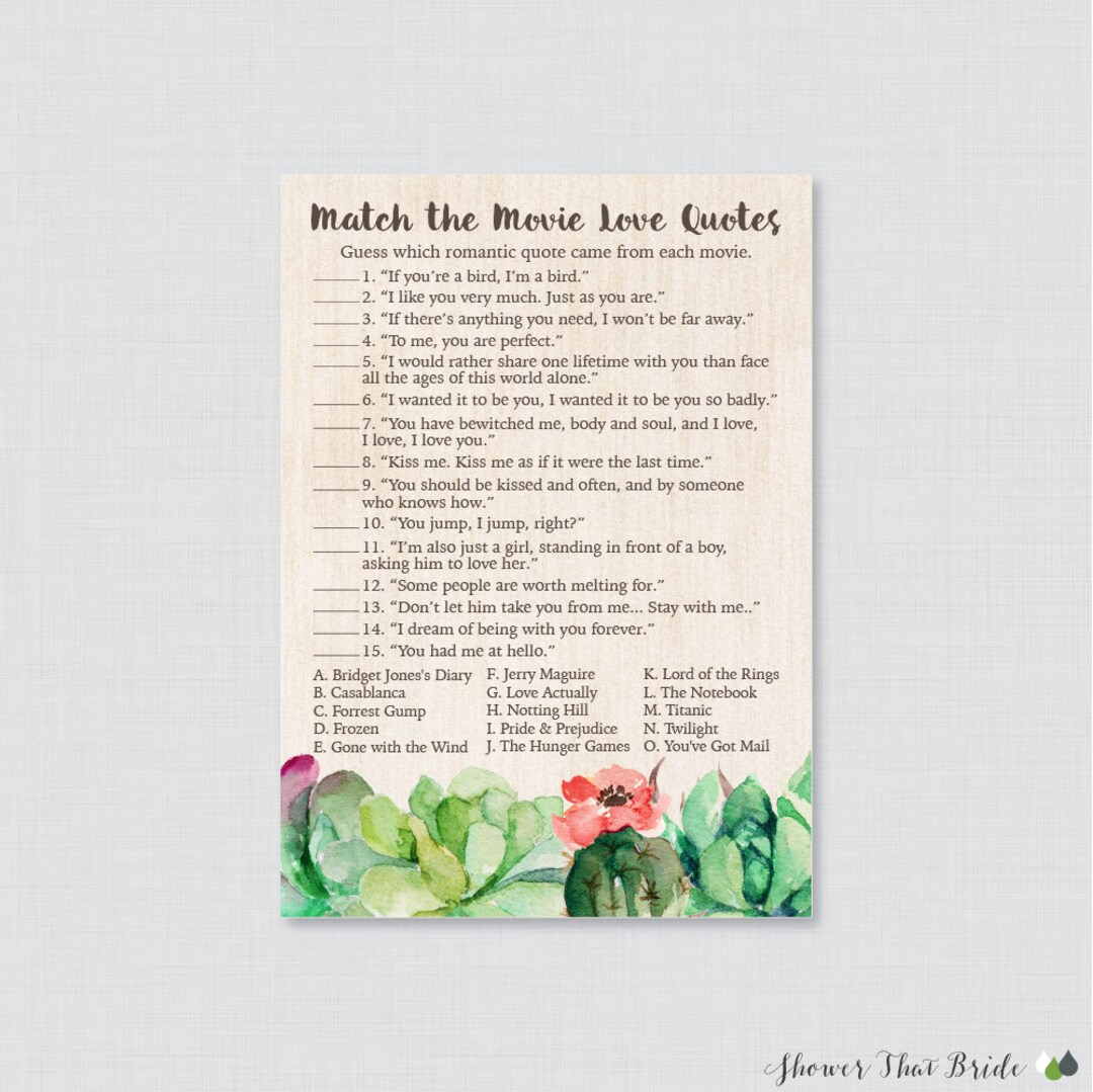 Movie Love Quote Match Game Printable Succulent Bridal - Etsy