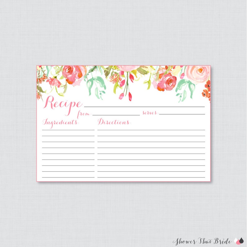Printable Flower Bridal Shower Recipe Card and Invitation Insert Pink Floral Bridal Shower Recipe Cards Pink and Gold Recipe Cards 0004