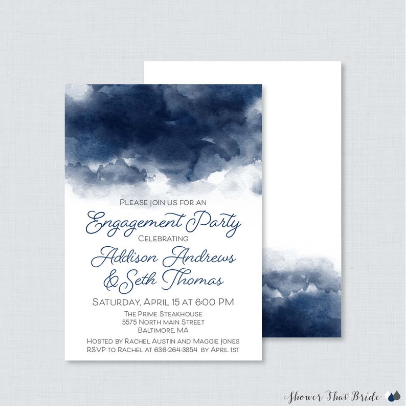 Navy Watercolor Engagement Party Invitation Printable or Printed Navy Invite 0030-N Navy Blue Watercolor Engagement Party Invitation