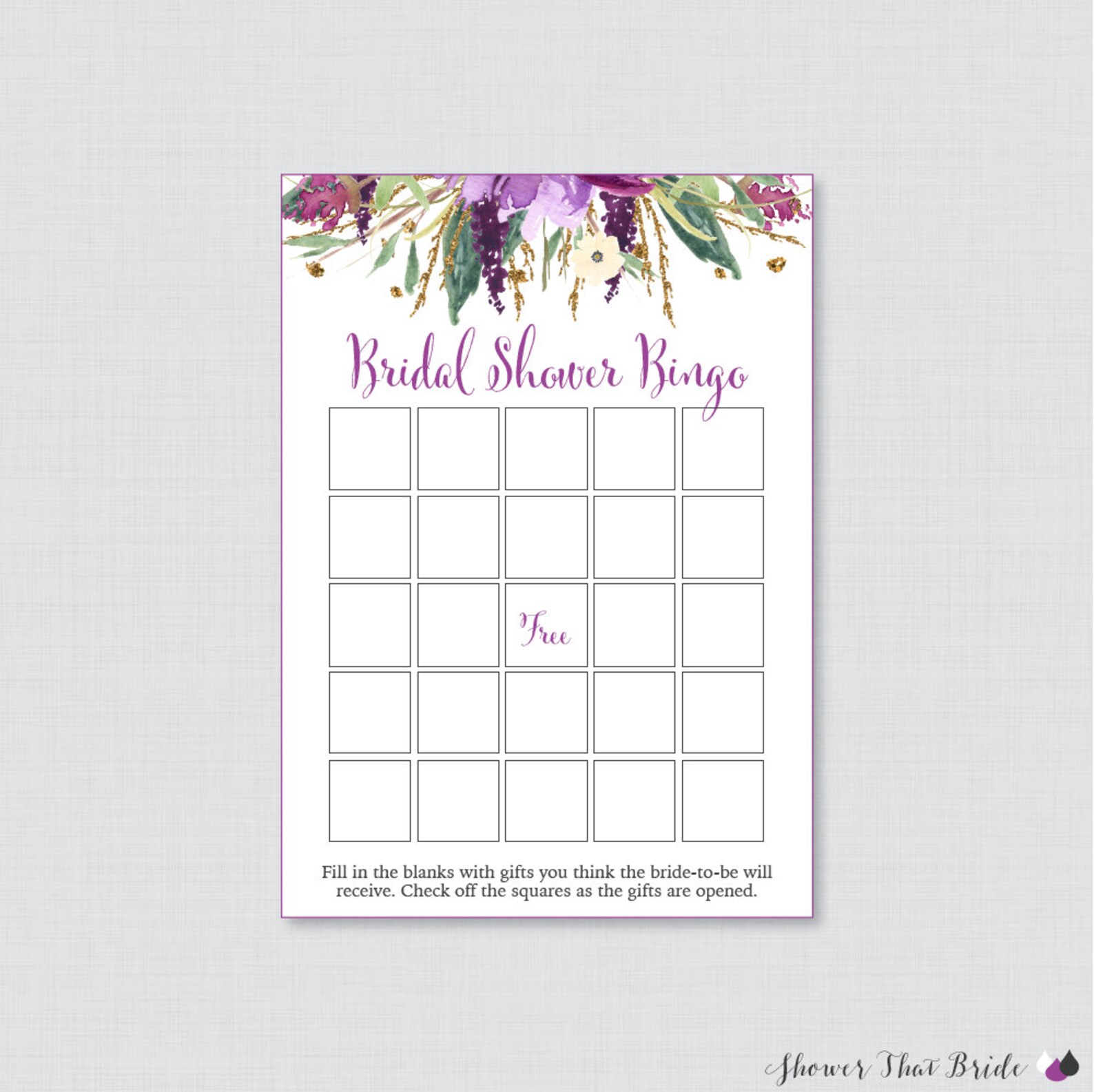 Purple Floral Bridal Shower Bingo Printable 60 Unique - Etsy