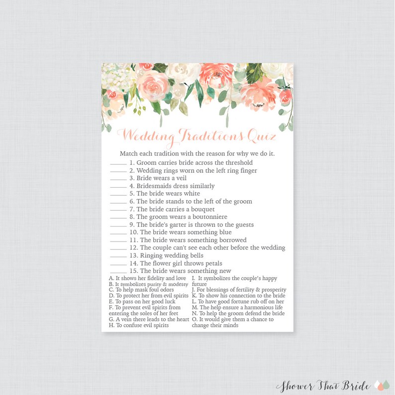 Peach Flower Wedding Traditions Quiz Printable Floral Bridal Etsy
