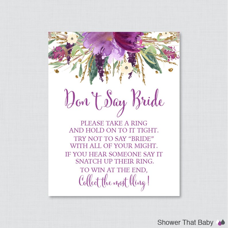 Floral Don't Say Bride Printable Sign Purple and Gold | Etsy