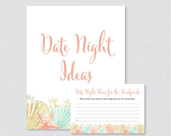 Date Night Ideas - Printable Beach Themed Bridal Shower Date Night Idea Cards and Sign - Coral Aqua Nautical Bridal Shower Activity 0012-C