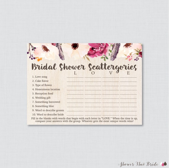 etc Feathers Flowers 0006 He Said She Said Bingo Boho Bridal Shower Games Package with Six Games- Printable Bohemian Shower Games