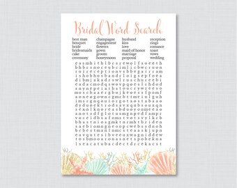 Beach Themed Bridal Shower Word Search - Printable Coral and Aqua Bridal Shower Word Search Game - Bridal Shower Word Search Game 0012-C