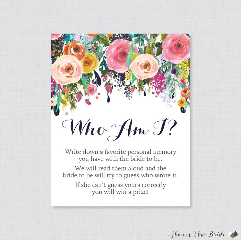 Who Am I Bridal Shower Game Printable Floral Bridal Shower Etsy