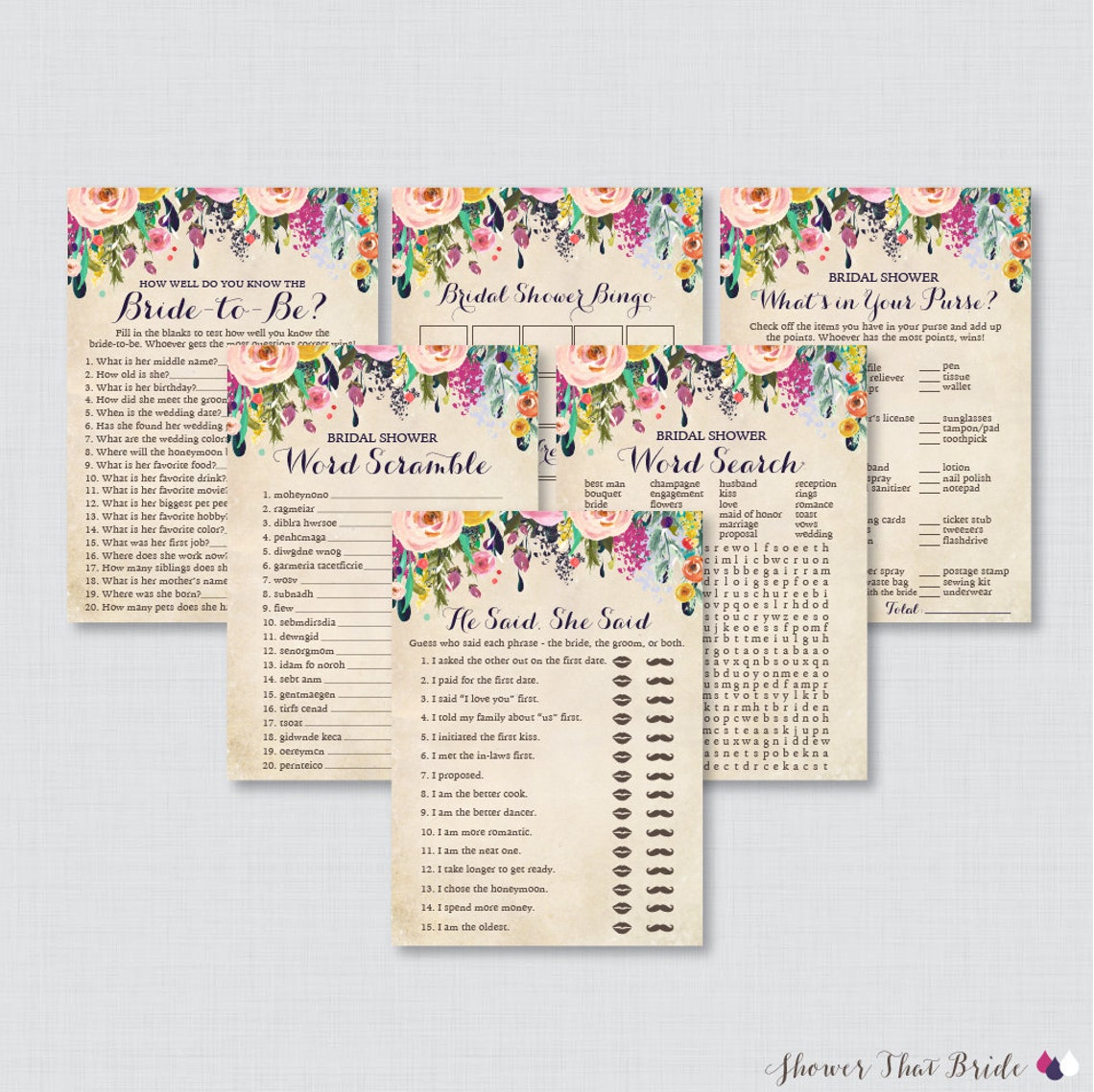 Floral Bridal Shower Games Package With Six Games Printable Etsy
