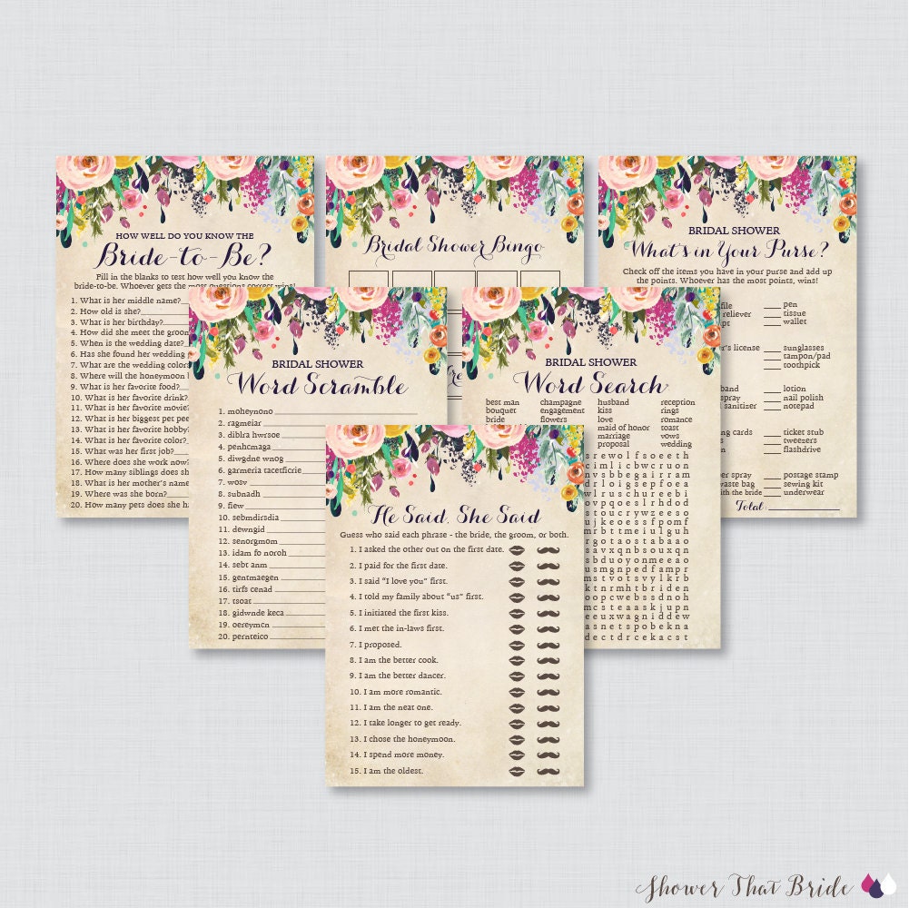 Floral Bridal Shower Games Package with Six Games- Printable Flower G…