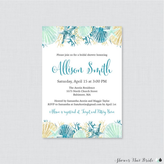 Bridal Shower Invitation Printable Or Printed Beach Themed Bridal Shower Invites Blue Aqua And Gold Nautical Bridal Invitations 0012 B