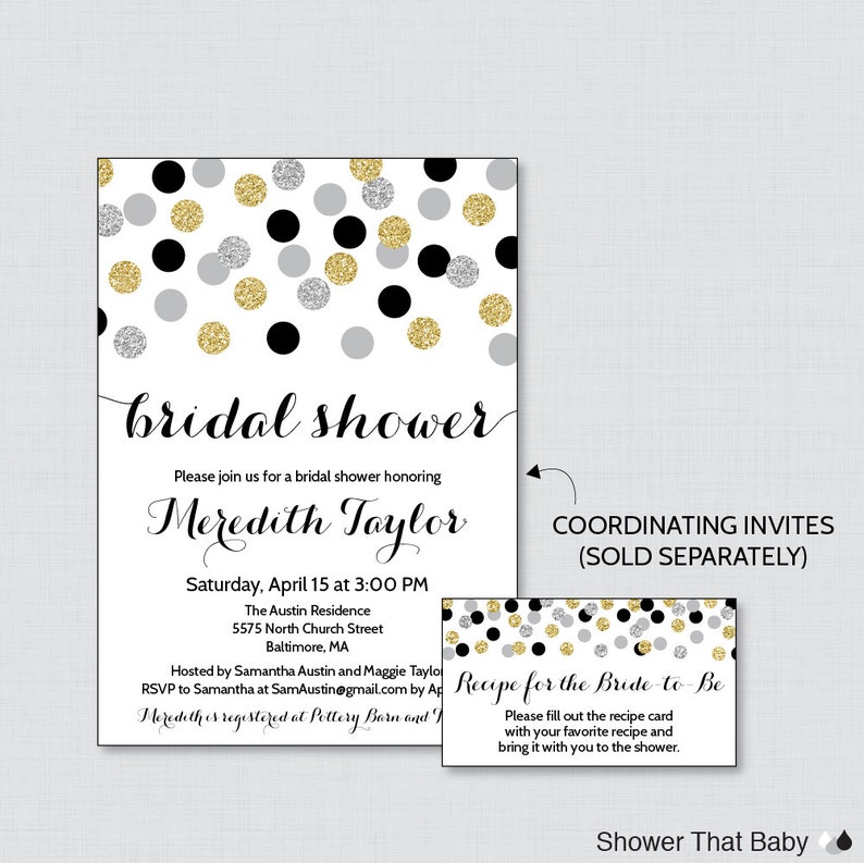 Printable Black Silver and Gold Bridal Shower Recipe Card and Invitation Insert Glitter Recipe Cards 0001-K Black and Gold Recipe Cards