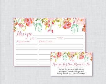 Pink Floral Bridal Shower Recipe Cards - Printable Flower Bridal Shower Recipe Card and Invitation Insert - Pink and Gold Recipe Cards 0004