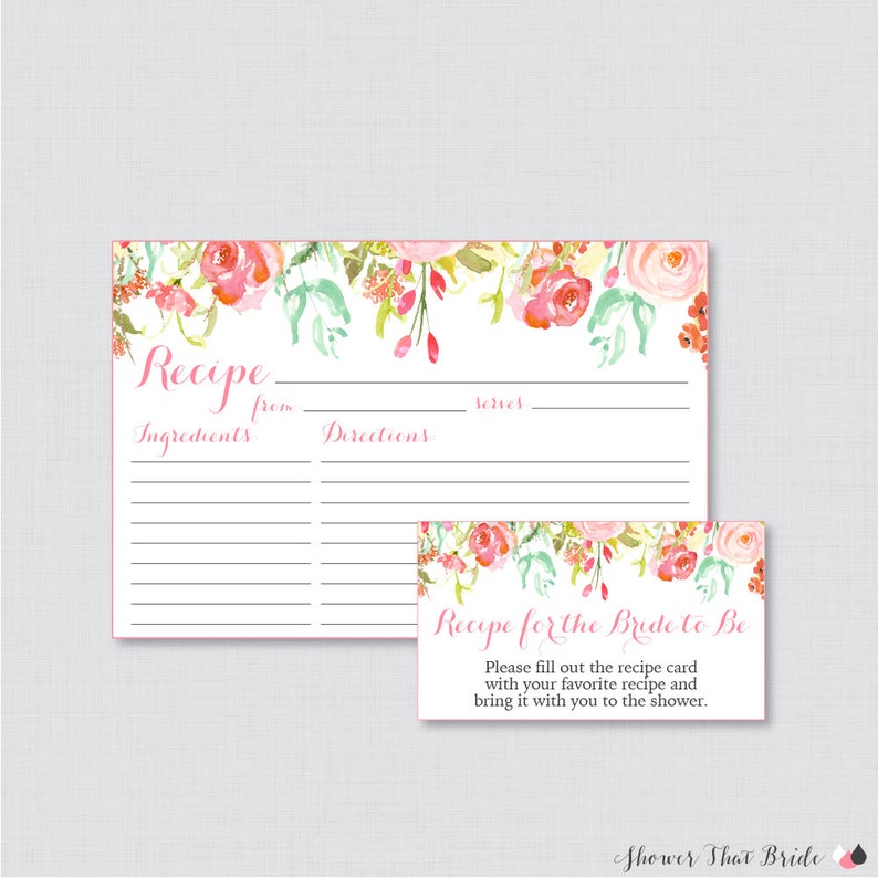 Printable Flower Bridal Shower Recipe Card and Invitation Insert Pink Floral Bridal Shower Recipe Cards Pink and Gold Recipe Cards 0004
