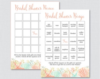 Nautical Bridal Shower Bingo Printable - 60 Unique Pre-filled Bingo Cards AND Blank Cards - Blue and Coral Beach Themed Bridal Shower 0012-C