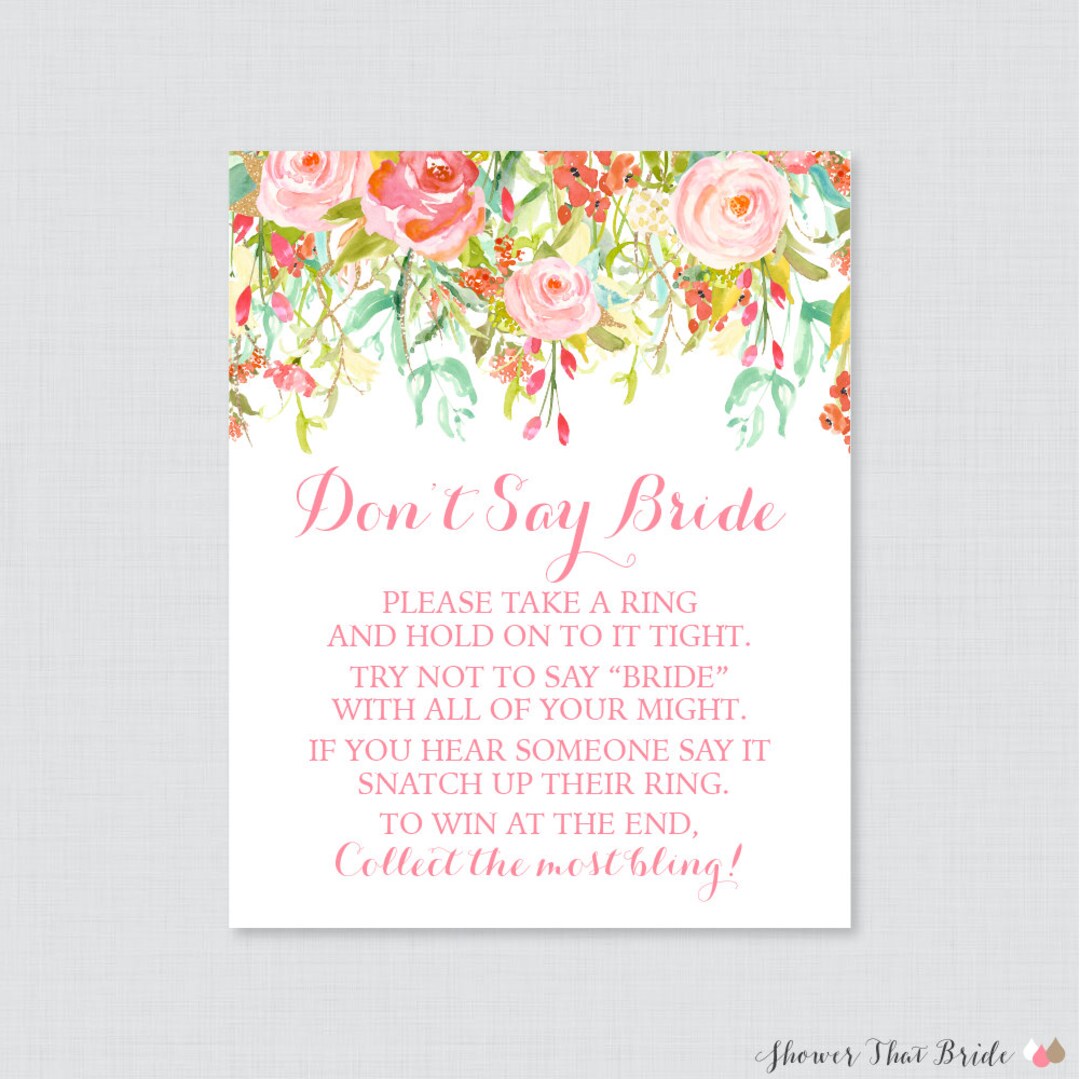 Floral Don't Say Bride Printable Sign Pink and Gold - Etsy