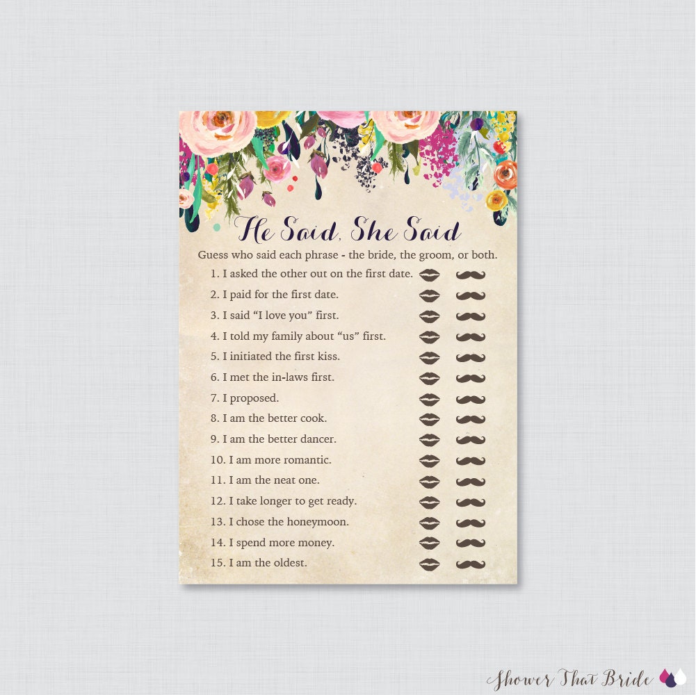 Floral Bridal Shower He Said She Said Game - Printable Garden Bridal …