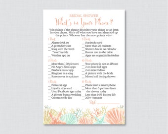 Beach Themed What's in Your Phone Game - Printable Coral and Aqua Nautical Bridal Shower Phone Game - Nautical Bridal Phone Search 0012-C