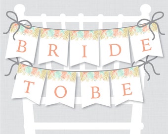 Printable Bridal Shower Chair Banner - Nautical "Bride to Be" Banner - Coral and Aqua Beach Themed Bridal Decoration Seashells - 0012-C