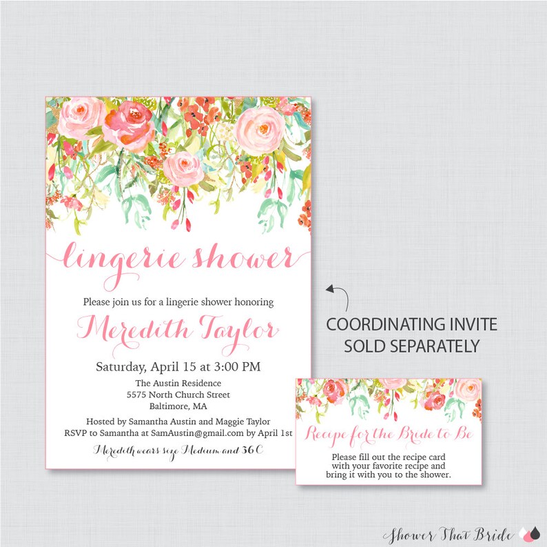 Printable Flower Bridal Shower Recipe Card and Invitation Insert Pink Floral Bridal Shower Recipe Cards Pink and Gold Recipe Cards 0004