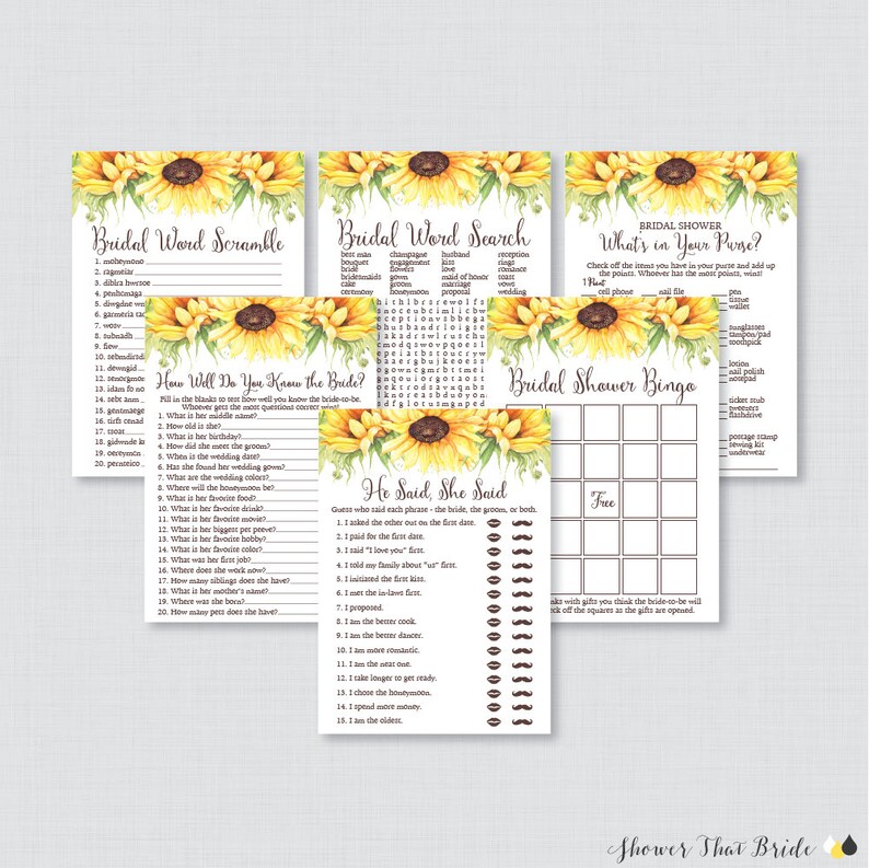 Sunflower Bridal Shower Games Package With Six Games Etsy