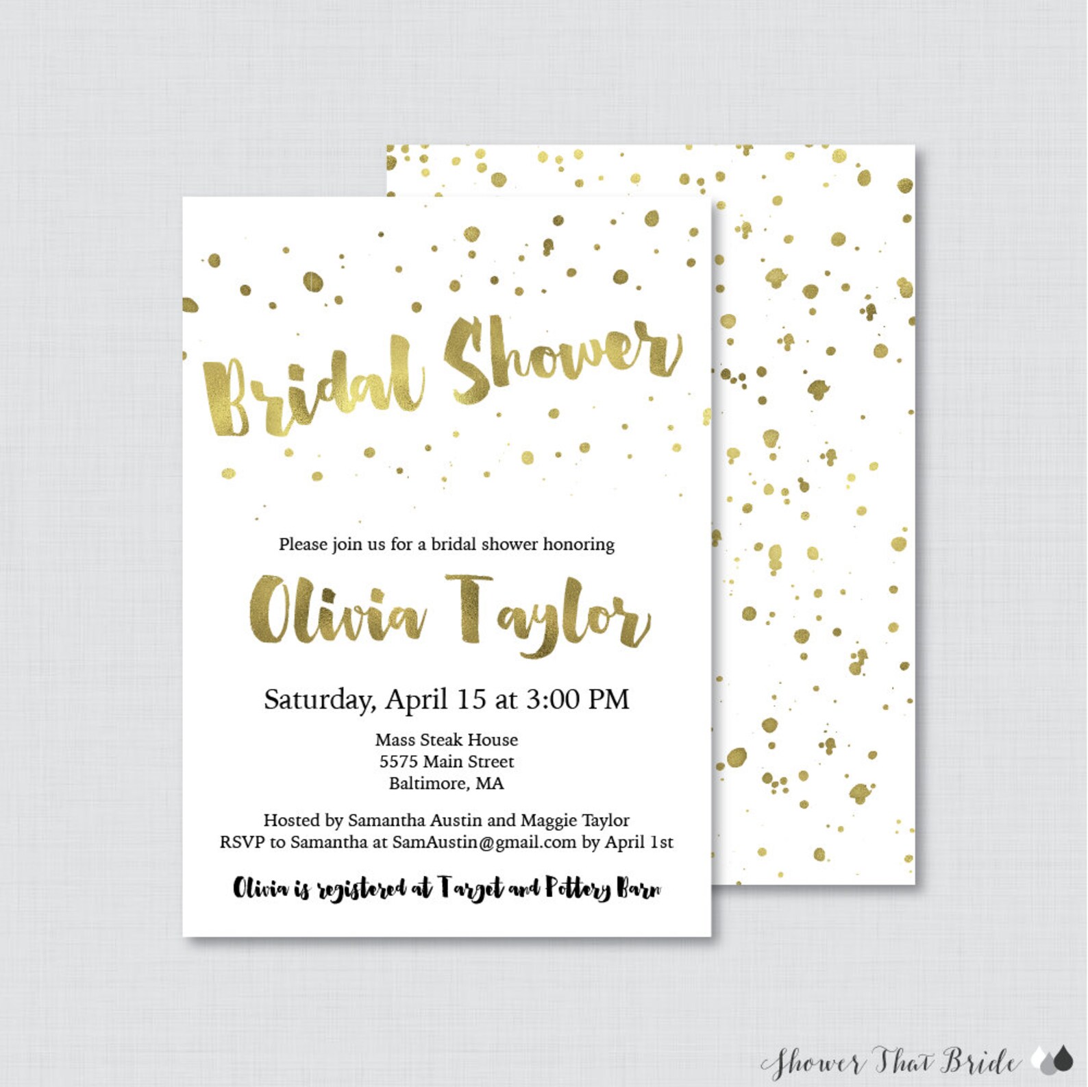 White and Gold Bridal Shower Invitation Printable or Printed Etsy