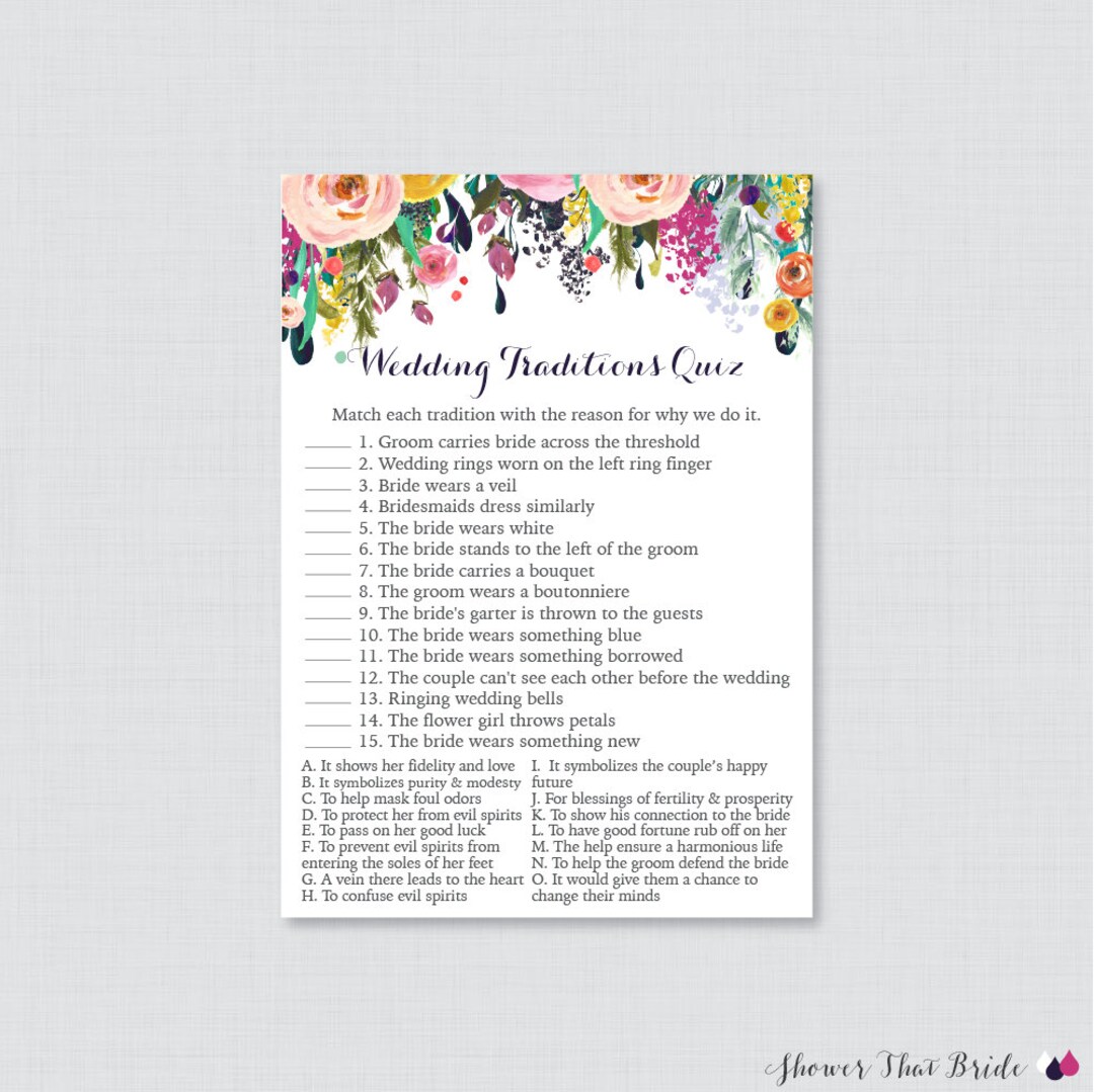 Floral Wedding Traditions Quiz Printable Colorful Flower Etsy