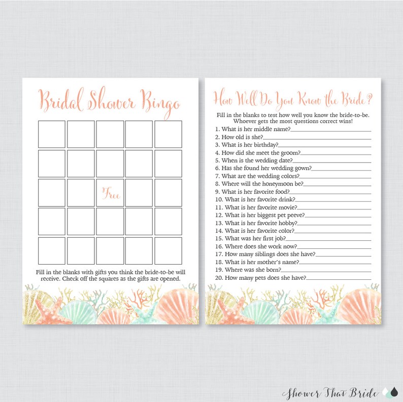 Beach Themed Bridal Shower Games Package With Six Games Etsy