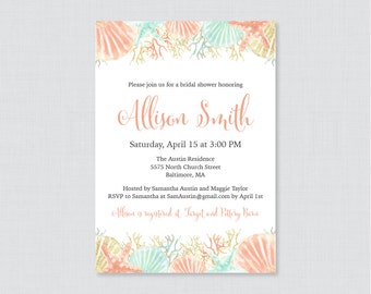 Bridal Shower Invitation Printable or Printed - Beach Themed Bridal Shower Invites - Coral, Aqua and Gold Nautical Shower Invitations 0012-C