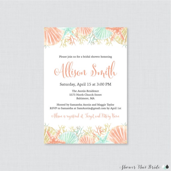 Bridal Shower Invitation Printable Or Printed Beach Themed Bridal Shower Invites Coral Aqua And Gold Nautical Shower Invitations 0012 C