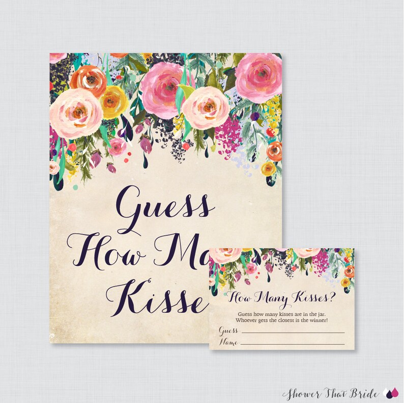 Guess How Many Kisses Bridal Shower Game Printable Floral Etsy