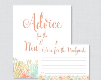 Advice for the Newlyweds Bridal Shower Activity - Printable Beach Themed Bridal Shower Advice Cards and Sign - Coral Aqua Bridal 0012-C