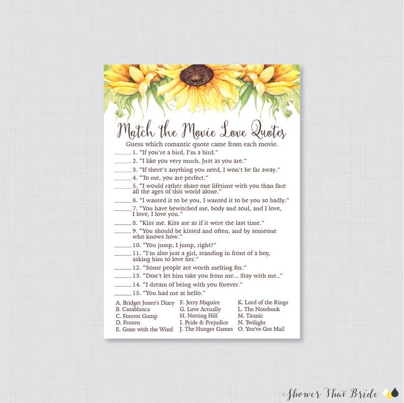 sunflower movie love quote match game printable rustic etsy
