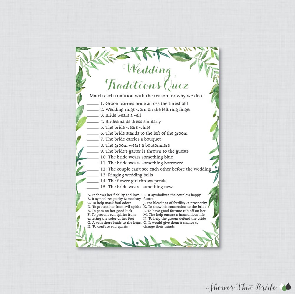 Green Wedding Traditions Quiz Printable Green Botanical Etsy